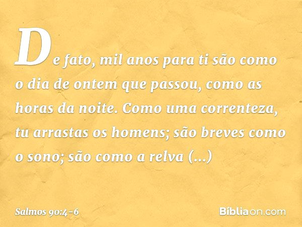 De fato, mil anos para ti
são como o dia de ontem que passou,
como as horas da noite. Como uma correnteza, tu arrastas os homens;
são breves como o sono;
são co