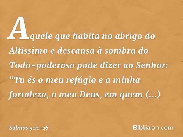 Aquele que habita no abrigo do Altíssimo
e descansa à sombra do Todo-poderoso pode dizer ao Senhor:
"Tu és o meu refúgio e a minha fortaleza,
o meu Deus, em que