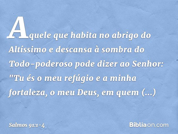 Aquele que habita no abrigo do Altíssimo
e descansa à sombra do Todo-poderoso pode dizer ao Senhor:
"Tu és o meu refúgio e a minha fortaleza,
o meu Deus, em que