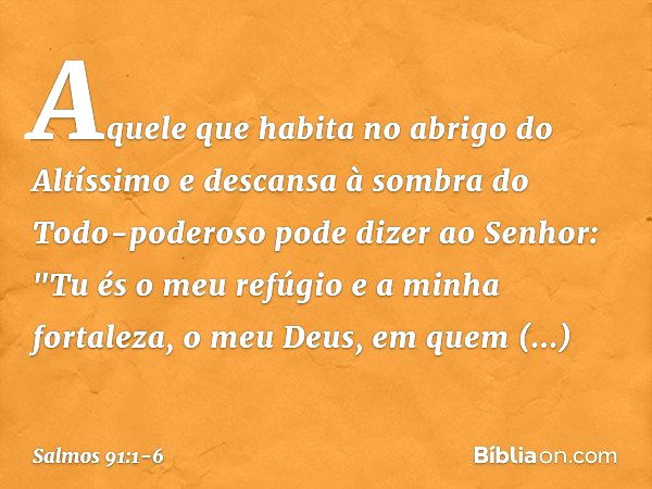 Aquele que habita no abrigo do Altíssimo
e descansa à sombra do Todo-poderoso pode dizer ao Senhor:
"Tu és o meu refúgio e a minha fortaleza,
o meu Deus, em que