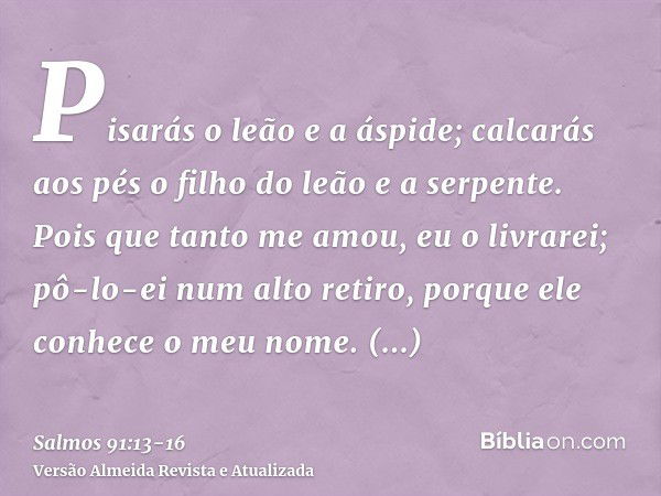 Pisarás o leão e a áspide; calcarás aos pés o filho do leão e a serpente.Pois que tanto me amou, eu o livrarei; pô-lo-ei num alto retiro, porque ele conhece o m