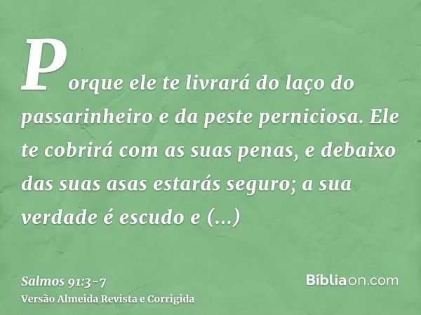 Porque ele te livrará do laço do passarinheiro e da peste perniciosa.Ele te cobrirá com as suas penas, e debaixo das suas asas estarás seguro; a sua verdade é e