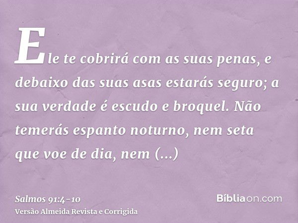 Ele te cobrirá com as suas penas, e debaixo das suas asas estarás seguro; a sua verdade é escudo e broquel.Não temerás espanto noturno, nem seta que voe de dia,