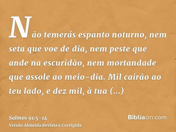 Não temerás espanto noturno, nem seta que voe de dia,nem peste que ande na escuridão, nem mortandade que assole ao meio-dia.Mil cairão ao teu lado, e dez mil, à