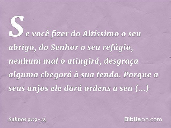 Se você fizer do Altíssimo o seu abrigo,
do Senhor o seu refúgio, nenhum mal o atingirá,
desgraça alguma chegará à sua tenda. Porque a seus anjos ele dará orden