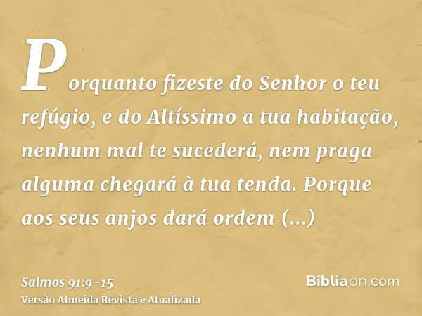 Porquanto fizeste do Senhor o teu refúgio, e do Altíssimo a tua habitação,nenhum mal te sucederá, nem praga alguma chegará à tua tenda.Porque aos seus anjos dar