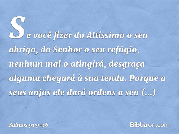 Se você fizer do Altíssimo o seu abrigo,
do Senhor o seu refúgio, nenhum mal o atingirá,
desgraça alguma chegará à sua tenda. Porque a seus anjos ele dará orden