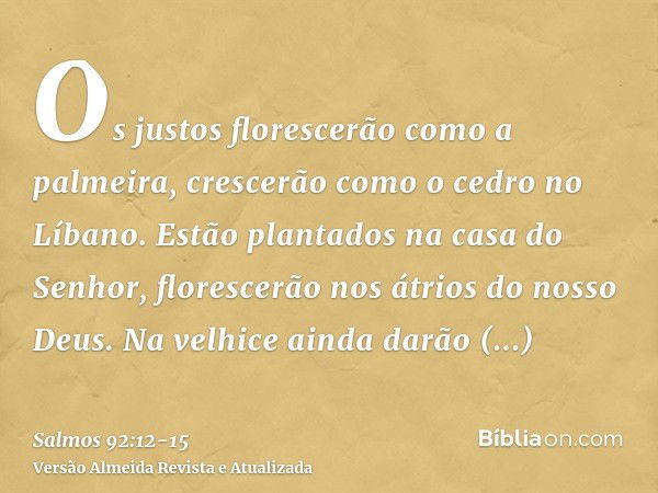 Os justos florescerão como a palmeira, crescerão como o cedro no Líbano.Estão plantados na casa do Senhor, florescerão nos átrios do nosso Deus.Na velhice ainda