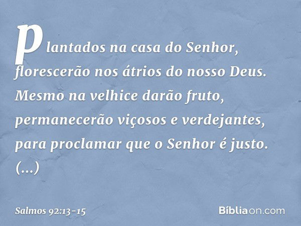 plantados na casa do Senhor,
florescerão nos átrios do nosso Deus. Mesmo na velhice darão fruto,
permanecerão viçosos e verdejantes, para proclamar que o Senhor