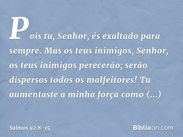 Pois tu, Senhor, és exaltado para sempre. Mas os teus inimigos, Senhor,
os teus inimigos perecerão;
serão dispersos todos os malfeitores! Tu aumentaste a minha 