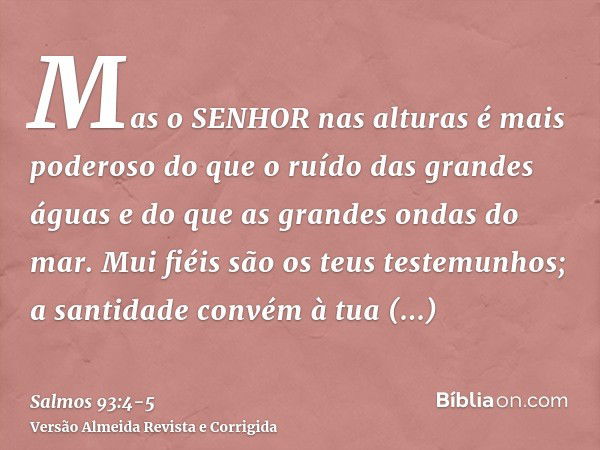 Mas o SENHOR nas alturas é mais poderoso do que o ruído das grandes águas e do que as grandes ondas do mar.Mui fiéis são os teus testemunhos; a santidade convém