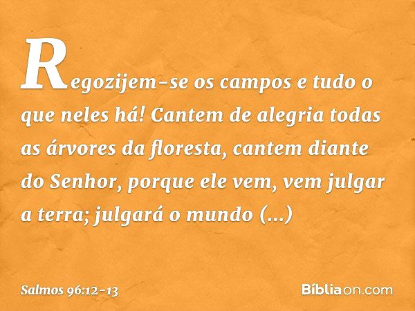 Regozijem-se os campos
e tudo o que neles há!
Cantem de alegria todas as árvores da floresta, cantem diante do Senhor, porque ele vem,
vem julgar a terra;
julga