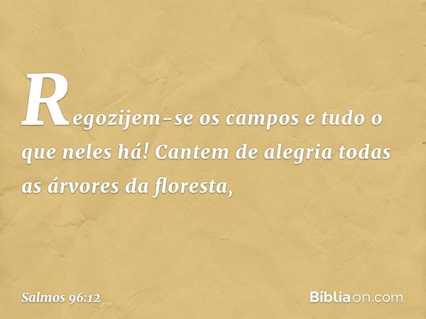 Regozijem-se os campos
e tudo o que neles há!
Cantem de alegria todas as árvores da floresta, -- Salmo 96:12