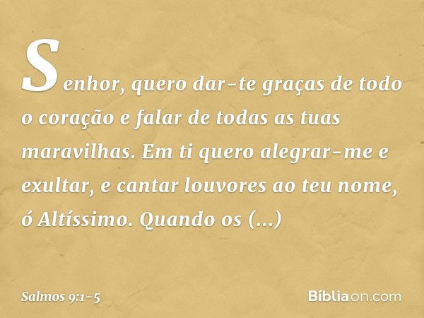 Senhor, quero dar-te graças de todo o coração
e falar de todas as tuas maravilhas. Em ti quero alegrar-me e exultar,
e cantar louvores ao teu nome, ó Altíssimo.