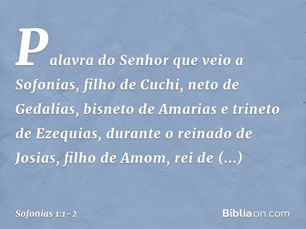 Palavra do Senhor que veio a Sofonias, filho de Cuchi, neto de Gedalias, bisneto de Amarias e trineto de Ezequias, durante o reinado de Josias, filho de Amom, r