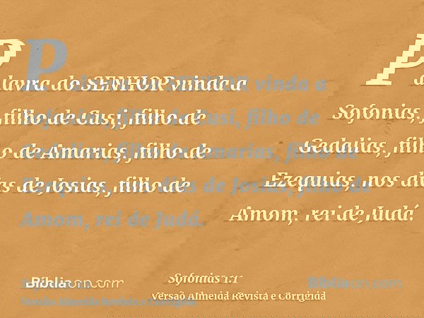 Palavra do SENHOR vinda a Sofonias, filho de Cusi, filho de Gedalias, filho de Amarias, filho de Ezequias, nos dias de Josias, filho de Amom, rei de Judá.
