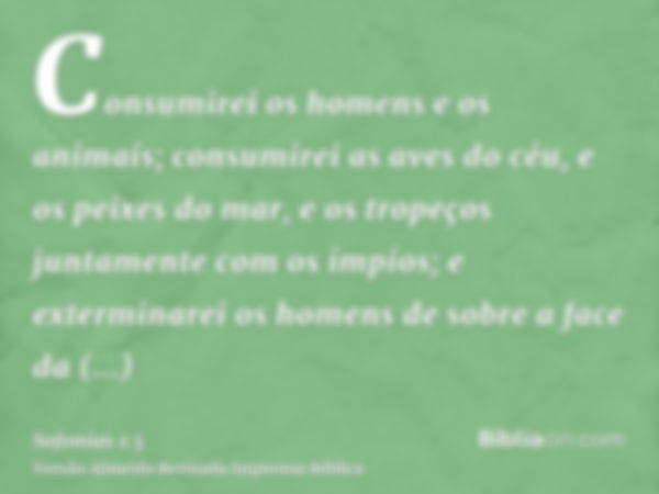 Consumirei os homens e os animais; consumirei as aves do céu, e os peixes do mar, e os tropeços juntamente com os ímpios; e exterminarei os homens de sobre a fa