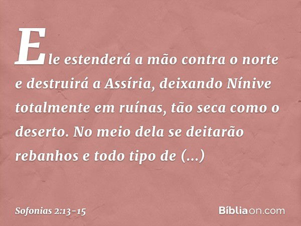 Ele estenderá a mão contra o norte
e destruirá a Assíria,
deixando Nínive totalmente em ruínas,
tão seca como o deserto. No meio dela se deitarão rebanhos
e tod