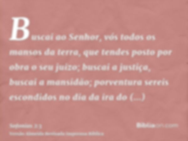 Buscai ao Senhor, vós todos os mansos da terra, que tendes posto por obra o seu juizo; buscai a justiça, buscai a mansidão; porventura sereis escondidos no dia 