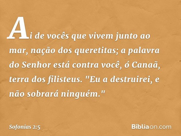 Ai de vocês que vivem junto ao mar,
nação dos queretitas;
a palavra do Senhor está contra você,
ó Canaã, terra dos filisteus.
"Eu a destruirei,
e não sobrará ni