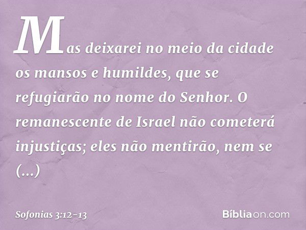 Mas deixarei no meio da cidade
os mansos e humildes,
que se refugiarão no nome do Senhor. O remanescente de Israel
não cometerá injustiças;
eles não mentirão,
n