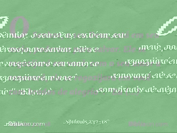 O Senhor, o seu Deus,
está em seu meio,
poderoso para salvar.
Ele se regozijará em você;
com o seu amor a renovará,
ele se regozijará em você
com brados de aleg