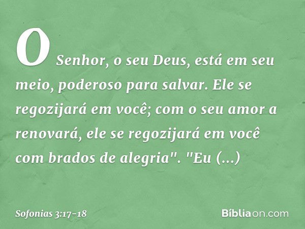 O Senhor, o seu Deus,
está em seu meio,
poderoso para salvar.
Ele se regozijará em você;
com o seu amor a renovará,
ele se regozijará em você
com brados de aleg