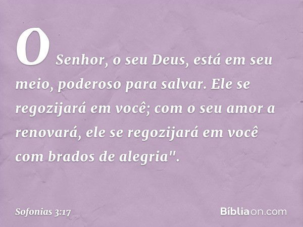 O Senhor, o seu Deus,
está em seu meio,
poderoso para salvar.
Ele se regozijará em você;
com o seu amor a renovará,
ele se regozijará em você
com brados de aleg