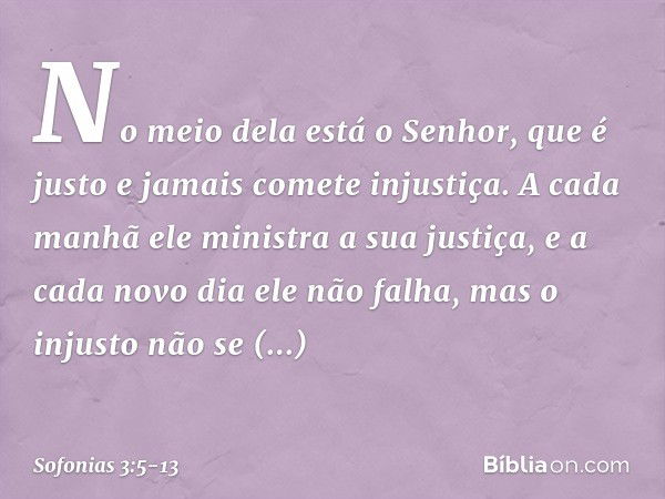 No meio dela está o Senhor,
que é justo e jamais comete injustiça.
A cada manhã ele ministra a sua justiça,
e a cada novo dia ele não falha,
mas o injusto não s