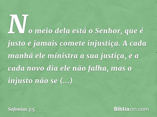 No meio dela está o Senhor,
que é justo e jamais comete injustiça.
A cada manhã ele ministra a sua justiça,
e a cada novo dia ele não falha,
mas o injusto não s