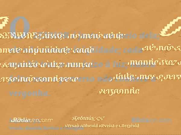 O SENHOR é justo, no meio dela; ele não comete iniqüidade; cada manhã traz o seu juízo à luz; nunca falta; mas o perverso não conhece a vergonha.