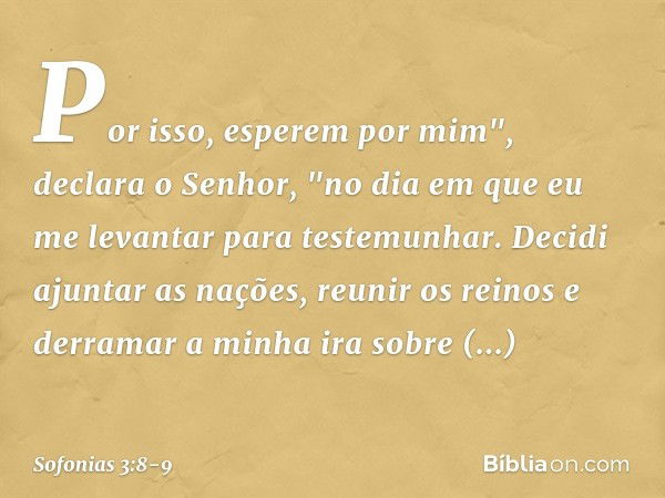 Por isso, esperem por mim",
declara o Senhor,
"no dia em que eu me levantar
para testemunhar.
Decidi ajuntar as nações,
reunir os reinos
e derramar a minha ira 