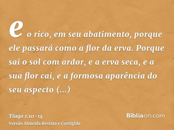 e o rico, em seu abatimento, porque ele passará como a flor da erva.Porque sai o sol com ardor, e a erva seca, e a sua flor cai, e a formosa aparência do seu as