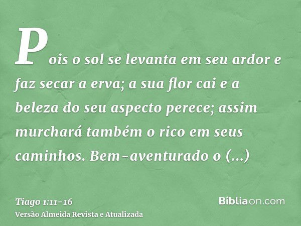 Pois o sol se levanta em seu ardor e faz secar a erva; a sua flor cai e a beleza do seu aspecto perece; assim murchará também o rico em seus caminhos.Bem-aventu