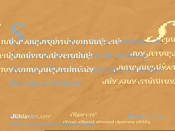 Segundo a sua própria vontade, ele nos gerou pela palavra da verdade, para que fôssemos como que primícias das suas criaturas.