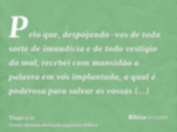 Pelo que, despojando-vos de toda sorte de imundícia e de todo vestígio do mal, recebei com mansidão a palavra em vós implantada, a qual é poderosa para salvar a