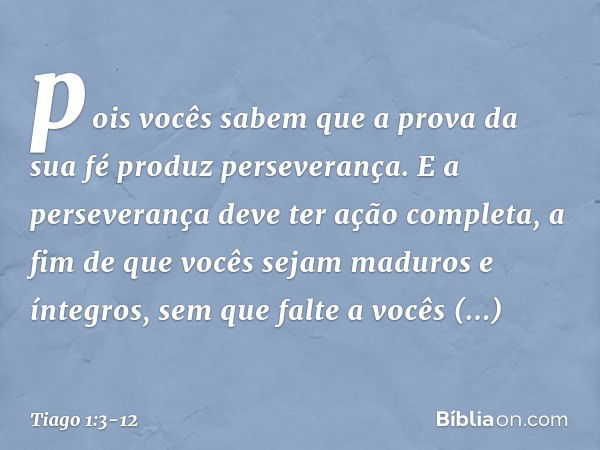 pois vocês sabem que a prova da sua fé produz perseverança. E a perseverança deve ter ação completa, a fim de que vocês sejam maduros e íntegros, sem que falte 