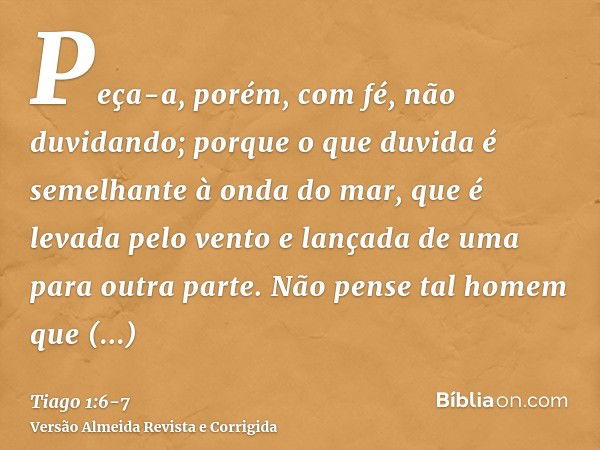 Peça-a, porém, com fé, não duvidando; porque o que duvida é semelhante à onda do mar, que é levada pelo vento e lançada de uma para outra parte.Não pense tal ho