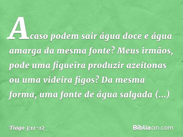 Acaso podem sair água doce e água amarga da mesma fonte? Meus irmãos, pode uma figueira produzir azeitonas ou uma videira figos? Da mesma forma, uma fonte de ág