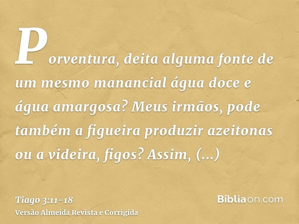 Porventura, deita alguma fonte de um mesmo manancial água doce e água amargosa?Meus irmãos, pode também a figueira produzir azeitonas ou a videira, figos? Assim