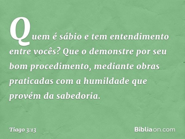 Quem é sábio e tem entendimento entre vocês? Que o demonstre por seu bom procedimento, mediante obras praticadas com a humildade que provém da sabedoria. -- Tia