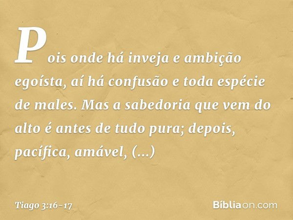 Pois onde há inveja e ambição egoísta, aí há confusão e toda espécie de males. Mas a sabedoria que vem do alto é antes de tudo pura; depois, pacífica, amável, c