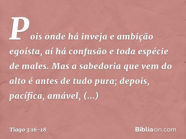 Pois onde há inveja e ambição egoísta, aí há confusão e toda espécie de males. Mas a sabedoria que vem do alto é antes de tudo pura; depois, pacífica, amável, c