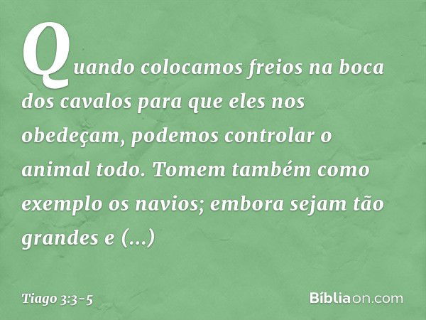 Quando colocamos freios na boca dos cavalos para que eles nos obedeçam, podemos controlar o animal todo. Tomem também como exemplo os navios; embora sejam tão g