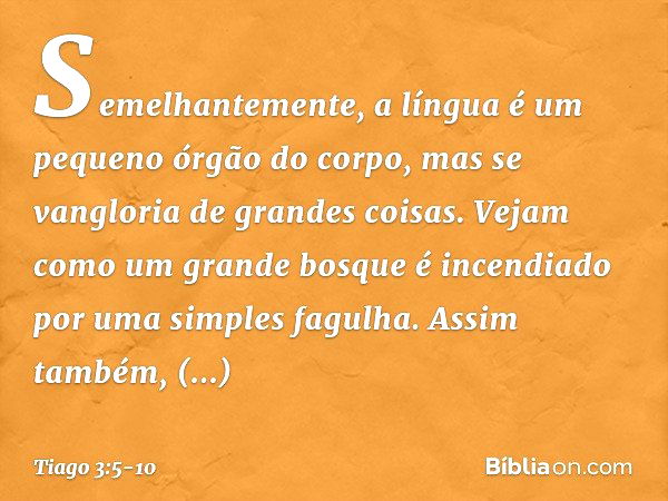 Semelhantemente, a língua é um pequeno órgão do corpo, mas se vangloria de grandes coisas. Vejam como um grande bosque é incendiado por uma simples fagulha. Ass