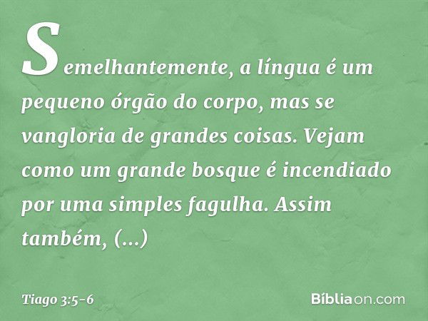 Semelhantemente, a língua é um pequeno órgão do corpo, mas se vangloria de grandes coisas. Vejam como um grande bosque é incendiado por uma simples fagulha. Ass