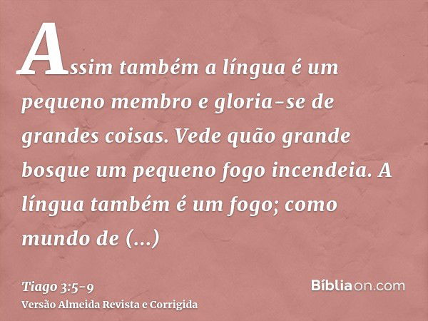 Assim também a língua é um pequeno membro e gloria-se de grandes coisas. Vede quão grande bosque um pequeno fogo incendeia.A língua também é um fogo; como mundo