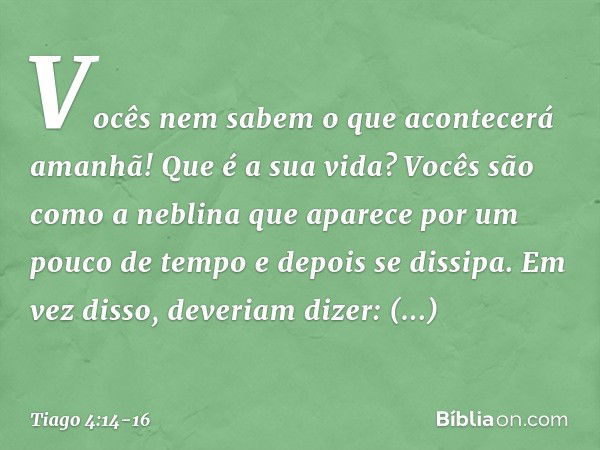 Vocês nem sabem o que acontecerá amanhã! Que é a sua vida? Vocês são como a neblina que aparece por um pouco de tempo e depois se dissipa. Em vez disso, deveria