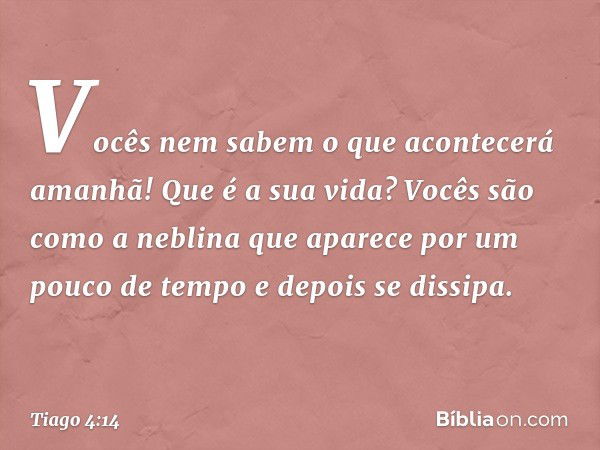 Vocês nem sabem o que acontecerá amanhã! Que é a sua vida? Vocês são como a neblina que aparece por um pouco de tempo e depois se dissipa. -- Tiago 4:14