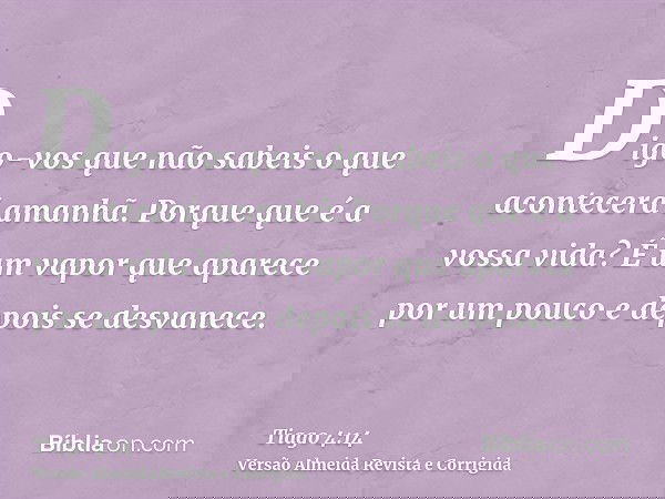 Digo-vos que não sabeis o que acontecerá amanhã. Porque que é a vossa vida? É um vapor que aparece por um pouco e depois se desvanece.